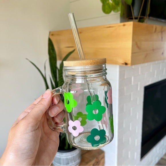 Spring Flower Glass cup with Bamboo Lid - Picture 1 of 3